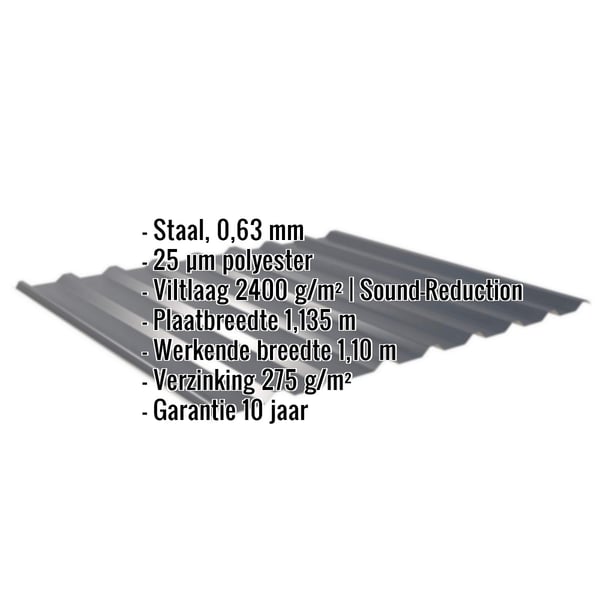 Damwandplaat 20/1100 antracietgrijs met productgegevens zoals materiaal, dikte, coating en garantie