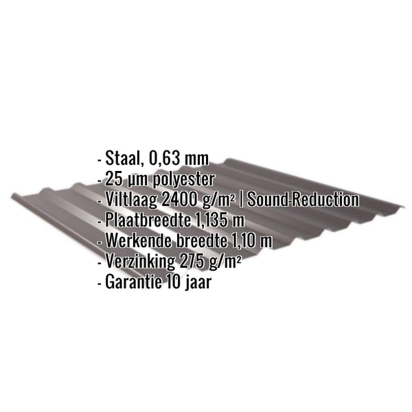 Damwandplaat 20/1100, staal 0,63 mm, 25 µm polyester, anti-condensvlies 2400 g/m², infografiek met specificaties