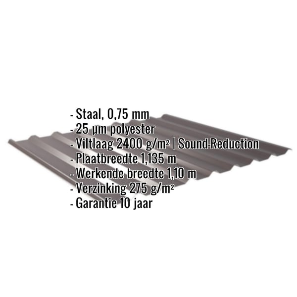 Damwandplaat 20/1100 in RAL 8017 met ingebedde gegevens over materiaal, coating en afmetingen