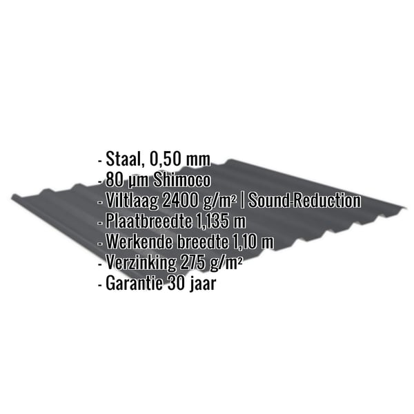 Damwandplaat 20/1100 antracietgrijs met ingebedde technische gegevens en Shimoco coating