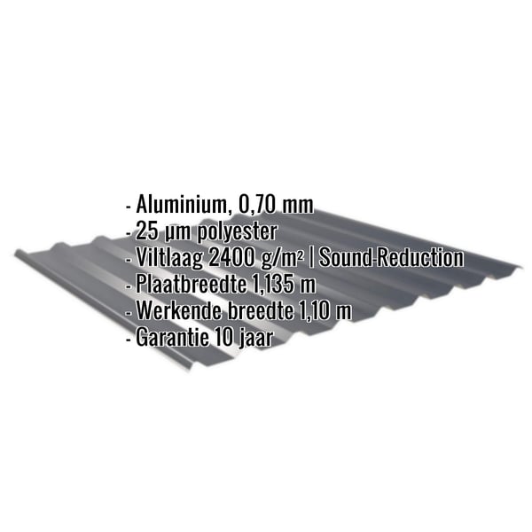 Damwandplaat 20/1100 aluminium 0,70 mm Antracietgrijs met ingebedde technische gegevens en eigenschappen