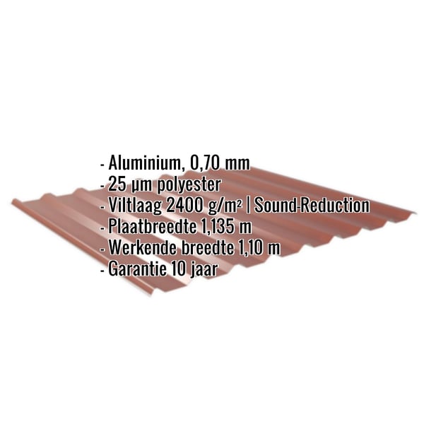 Damwandplaat 20/1100 aluminium Roodbruin met ingebedde gegevens over materiaal, dikte en coating