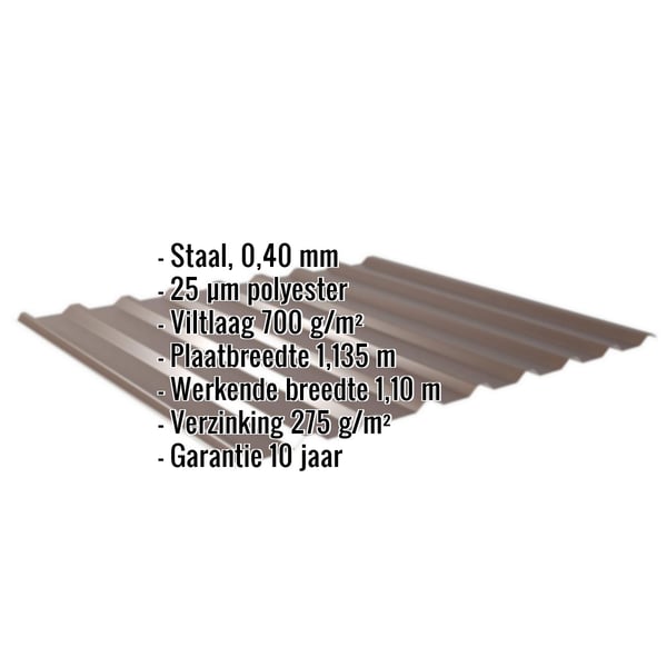 Damwandplaat 20/1100 Sepiabruin, 0,40 mm staal met 25 µm polyestercoating, specificaties weergegeven