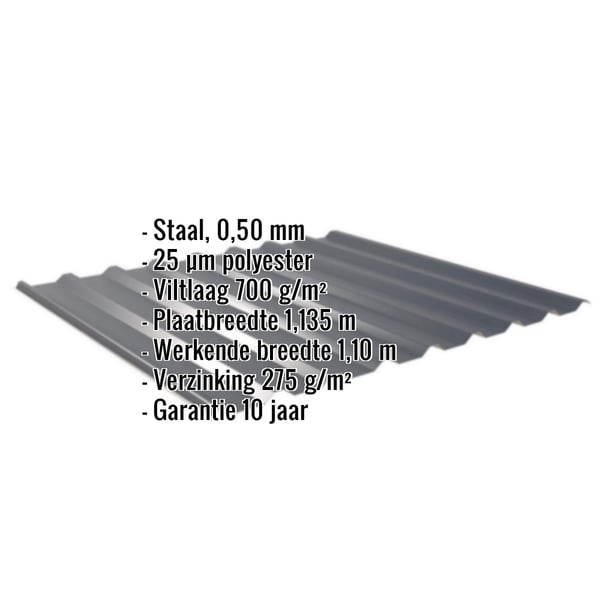 Damwandplaat 20/1100 antracietgrijs met ingebedde gegevens: staal, 0,50 mm, 25 µm polyester, viltlaag 700 g/m²,