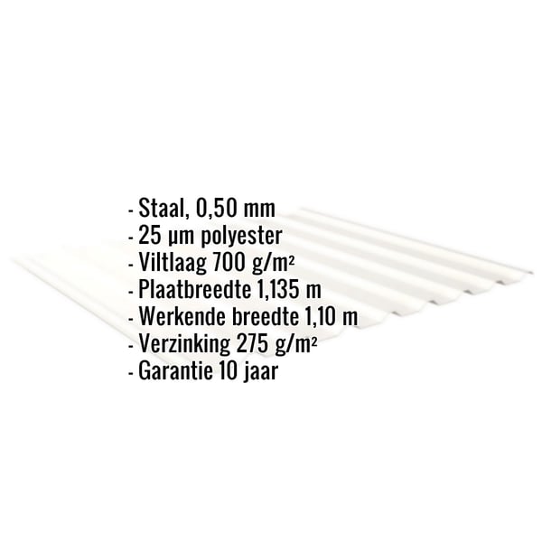 Damwandplaat 20/1100, zuiverwit, met ingebedde productgegevens over materiaal, coating en garantie