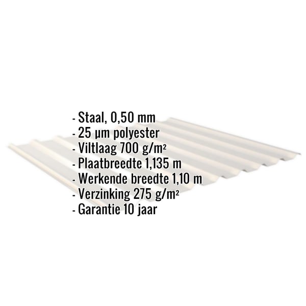 Infographic damwandplaat 20/1100 met ingebedde specificaties voor materiaal, dikte, coating en garantie