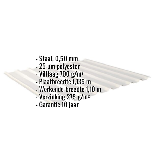 Damwandplaat 20/1100 Zilver-Metallic, 0,50 mm staal, met ingebedde specificaties als infografiek