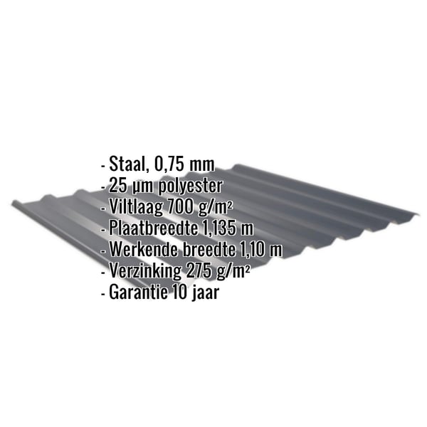Damwandplaat 20/1100 antracietgrijs met ingebouwde productgegevens over materiaal, dikte en coating