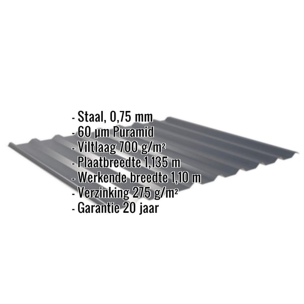 Damwandplaat 20/1100 antracietgrijs met ingebouwde specificaties zoals materiaal, dikte en coating