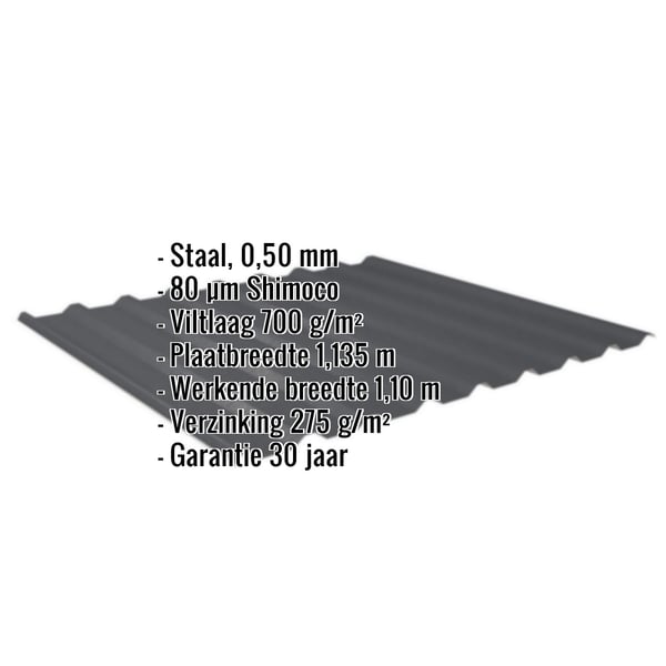 Damwandplaat 20/1100 antracietgrijs met ingebedde gegevens over materiaal, coating en garantie