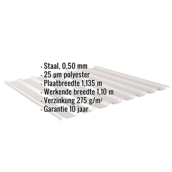 Damwandplaat 20/1100, lichtgrijs, met ingebedde gegevens over materiaal, coating en garantie
