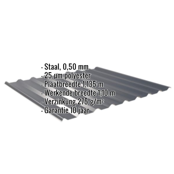 Damwandplaat 20/1100 antracietgrijs, 0,50 mm, met ingebedde specificaties voor materiaal, coating en garantie