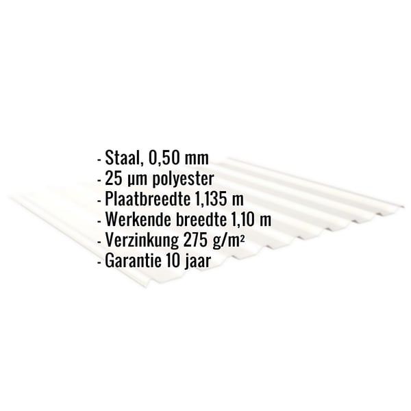 Damwandplaat 20/1100, zuiverwit, met ingebedde productgegevens over materiaal, dikte en coating