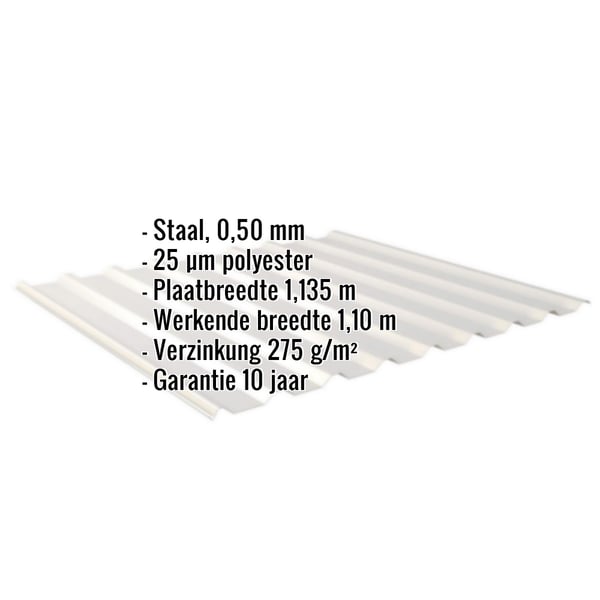 Damwandplaat 20/1100 Zilver-Metallic met ingebedde productgegevens over materiaal, dikte, coating en garantie
