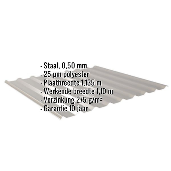 Damwandplaat 20/1100, grijs aluminiumkleurig, met ingebedde specificaties voor materiaal, dikte en coating