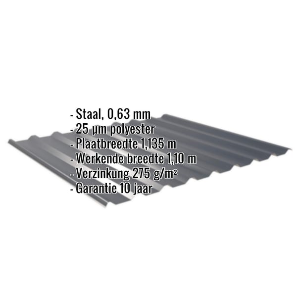 Damwandplaat 20/1100 antracietgrijs met ingebedde specificaties voor materiaal, dikte en coating