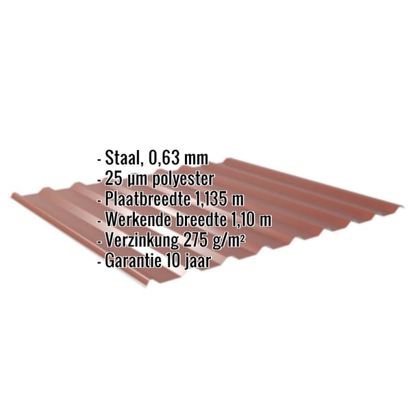 Damwandplaat 20/1100 Roodbruin met ingebedde specificaties voor materiaal, coating en garantie