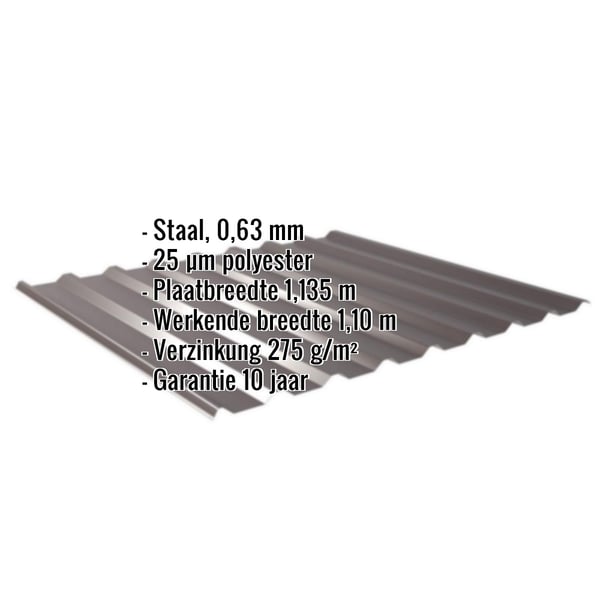 Damwandplaat 20/1100, 0,63 mm, RAL 8017, met ingebedde specificaties over materiaal, coating en afmetingen