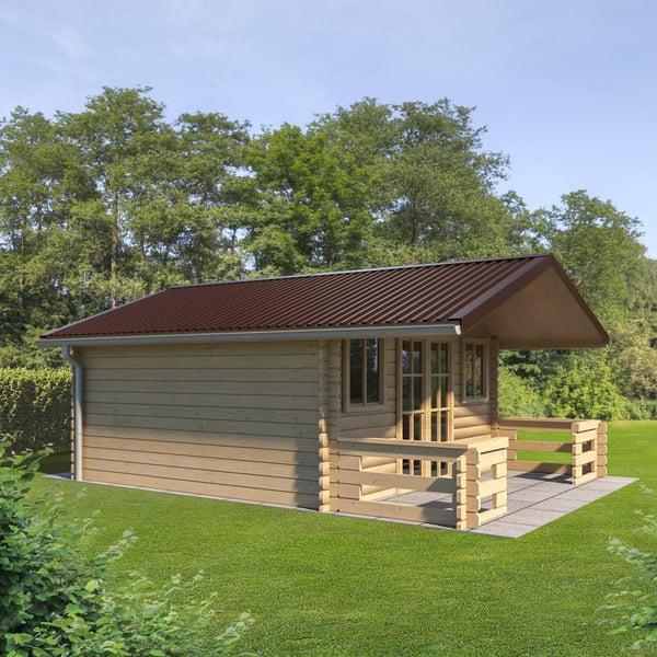 Damwandplaat 20/1100, 0,63 mm, RAL 8017, als dak op een tuinhuis met veranda