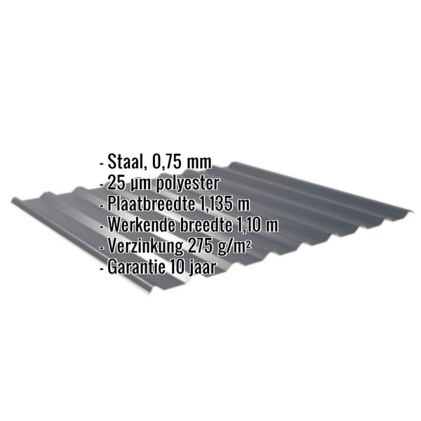 Damwandplaat 20/1100 antracietgrijs, 0,75 mm, met ingebedde specificaties over materiaal, coating en garantie