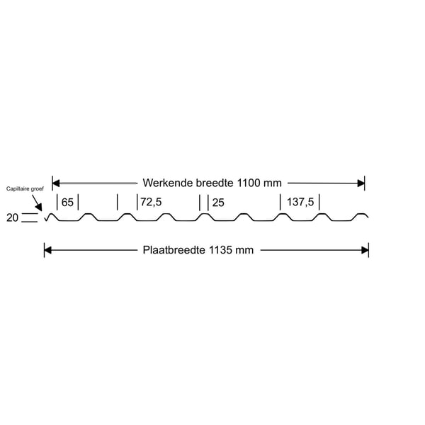 Technische tekening damwandplaat 20/1100 dak, koperbruin, met profielafmetingen en capillaire groef