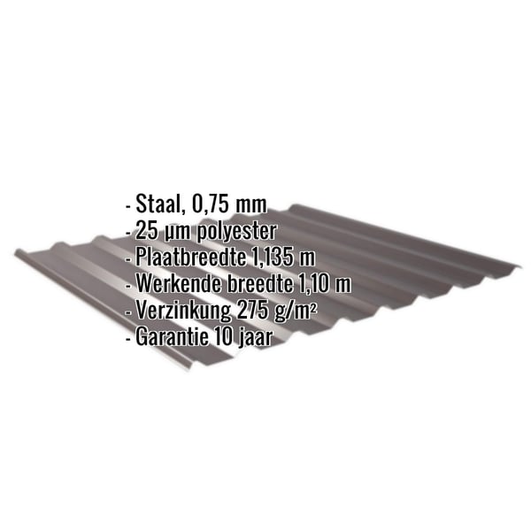Damwandplaat 20/1100, 0,75 mm staal, RAL 8017 Chocoladebruin, met ingebedde specificaties