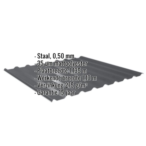 Damwandplaat 20/1100 donkergrijs, 0,50 mm, met ingebedde specificaties en matpolyester coating