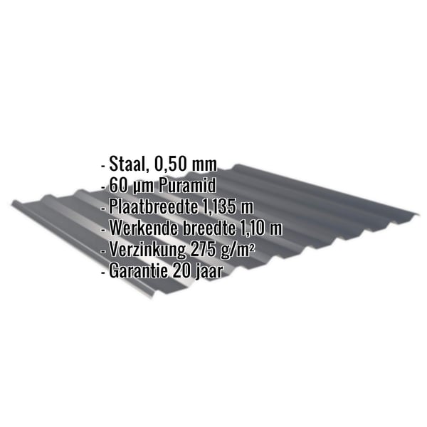 Damwandplaat 20/1100, Antracietgrijs, 0,50 mm staal, met ingebedde specificaties