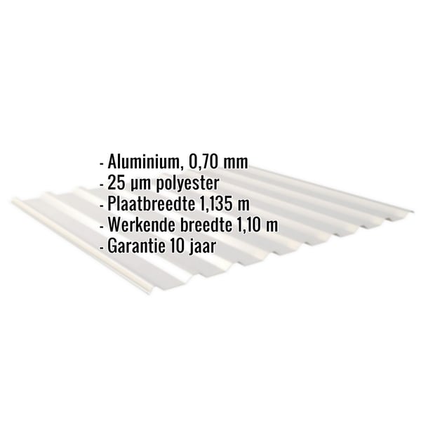 Damwandplaat 20/1100 aluminium Zilver-Metallic met ingebedde productgegevens over materiaal, dikte, breedte en garantie