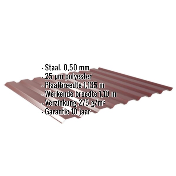 Damwandplaat 20/1100 wand Wijnrood RAL 3005, 0,50 mm, met ingebedde technische gegevens