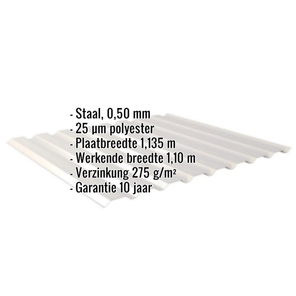Damwandplaat 20/1100 wand lichtgrijs, 0,50 mm, met ingebedde specificaties