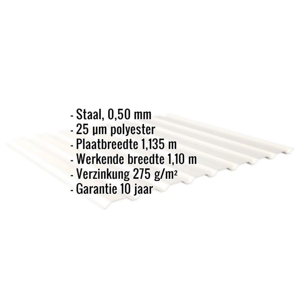 Infographic: Specificaties damwandplaat 20/1100, Zuiverwit (RAL 9010), 0,50 mm staal, 25 µm polyestercoating