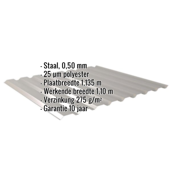 Damwandplaat 20/1100, grijs aluminiumkleurig, met ingebouwde specificaties over materiaal, dikte en garantie