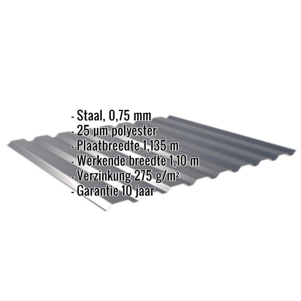 Damwandplaat 20/1100, Antracietgrijs, met ingebedde specificaties voor materiaal, dikte en coating