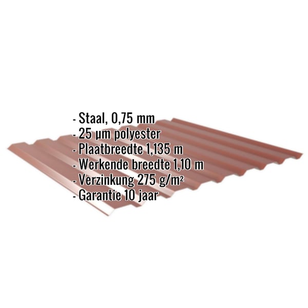 Damwandplaat 20/1100, Roodbruin (RAL 8012), 0,75 mm staal, met ingebedde specificaties