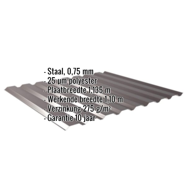 Damwandplaat 20/1100 wand, Chocoladebruin RAL 8017, met ingebedde technische gegevens