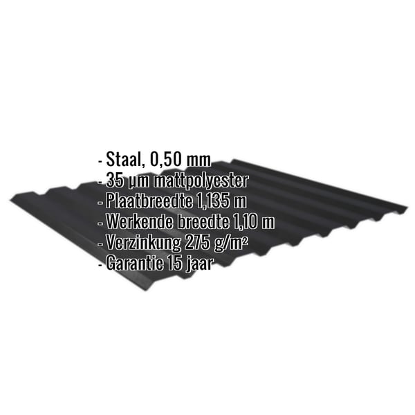 Damwandplaat 20/1100, zwart, 0,50 mm staal, met ingebedde specificaties