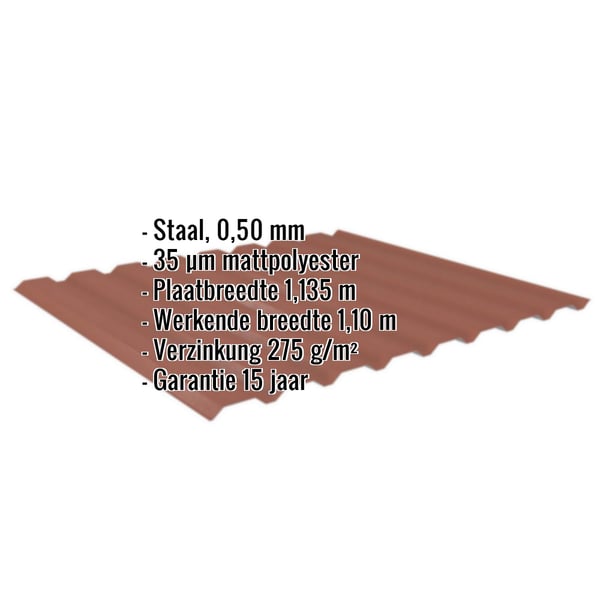 Damwandplaat 20/1100 Terracotta met ingebedde technische gegevens over materiaal, dikte en coating