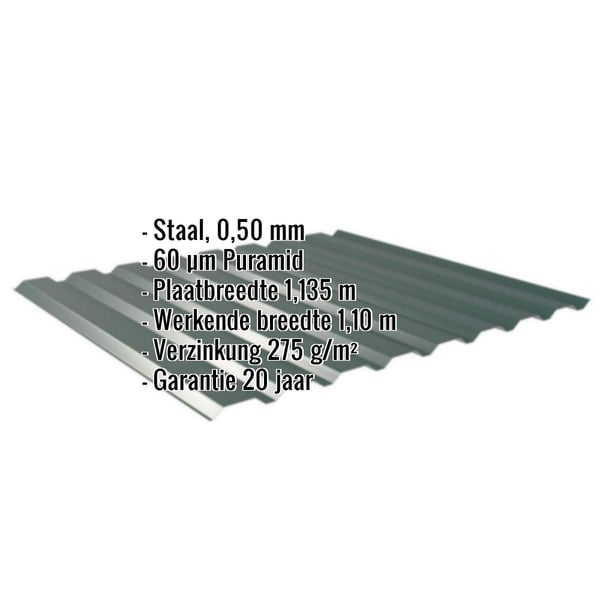 Damwandplaat 20/1100 wand mosgroen met ingebedde specificaties voor materiaal, dikte, coating en garantie