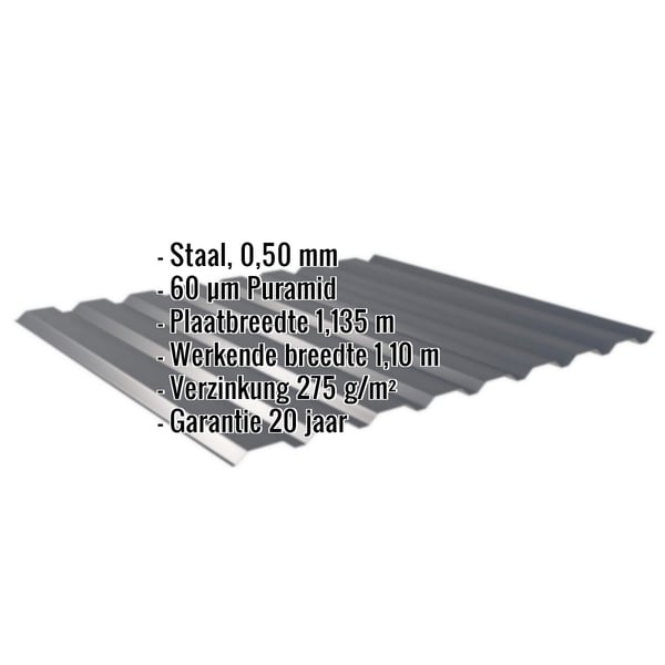 Damwandplaat 20/1100, Antracietgrijs, met ingebedde specificaties voor materiaal, dikte en coating