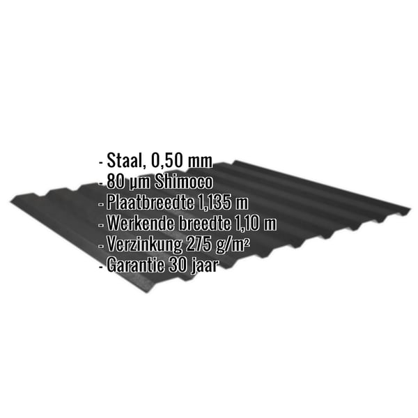 Damwandplaat 20/1100 Gitzwart (RAL 9005) met 80 µm Shimoco coating, gegevens weergegeven