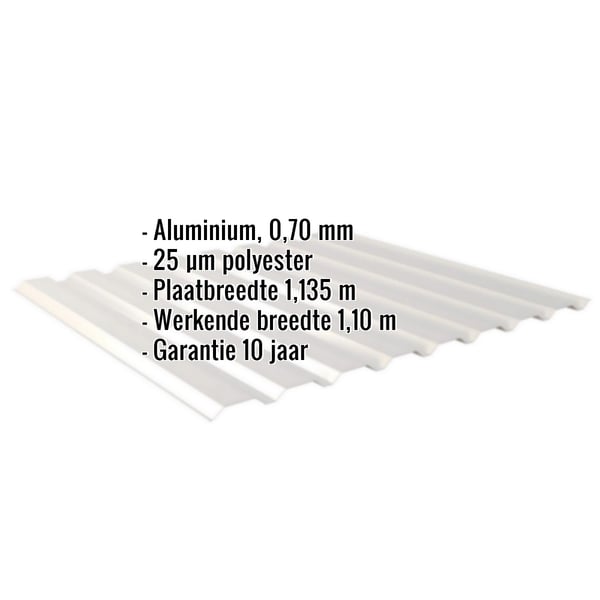 Damwandplaat aluminium 0,70 mm Zilver-Metallic met ingebedde technische gegevens en garantie-informatie