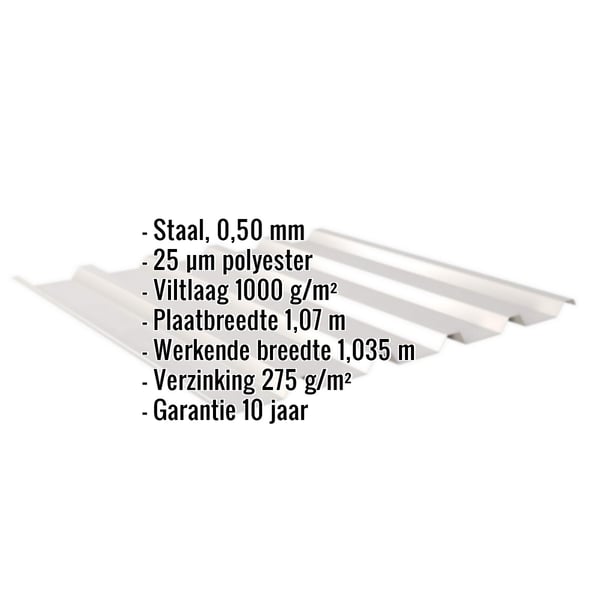 Damwandplaat 35/207 lichtgrijs RAL 7035 met ingebedde productgegevens over materiaal, dikte en coating