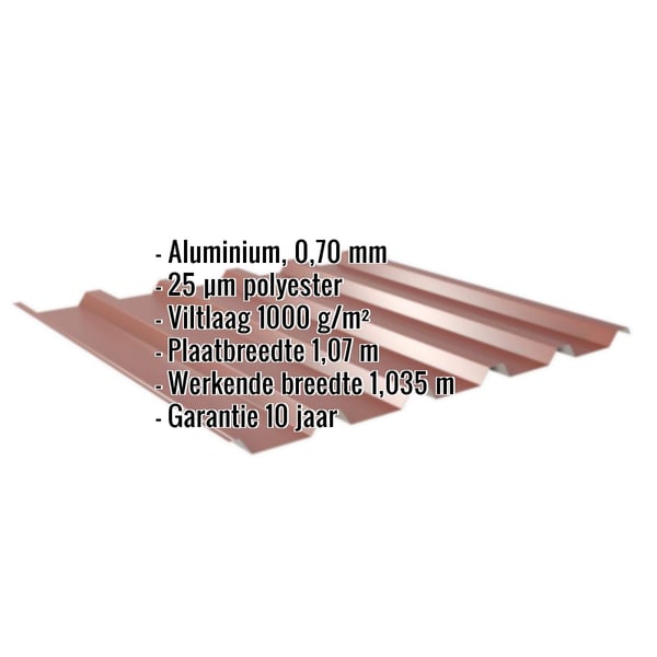 Damwandplaat 35/207 aluminium Roodbruin met ingebedde productgegevens over materiaal, coating en afmetingen
