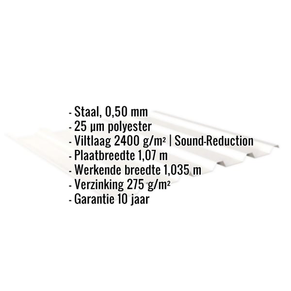 Infografiek: Damwandplaat 35/207, staal 0,50 mm, 25 µm polyester, viltlaag 2400 g/m², geluidsreductie, 10 jaar garantie
