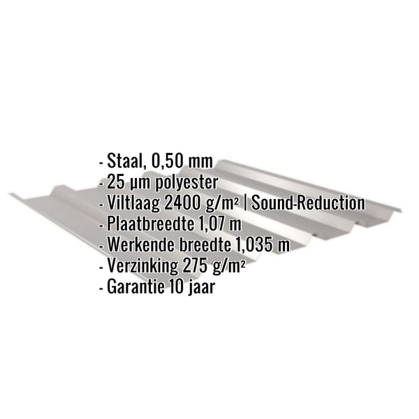 Damwandplaat 35/207 met ingebedde lijst van specificaties: materiaal, dikte, coating, breedte, garantie