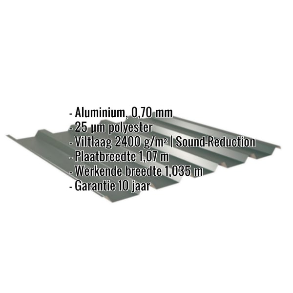 Damwandplaat 35/207 aluminium 0,70 mm mosgroen met ingebouwde gegevens over materiaal, coating en afmetingen