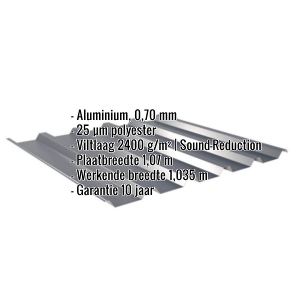 Damwandplaat 35/207 aluminium antracietgrijs met ingebedde productgegevens over materiaal, dikte en coating