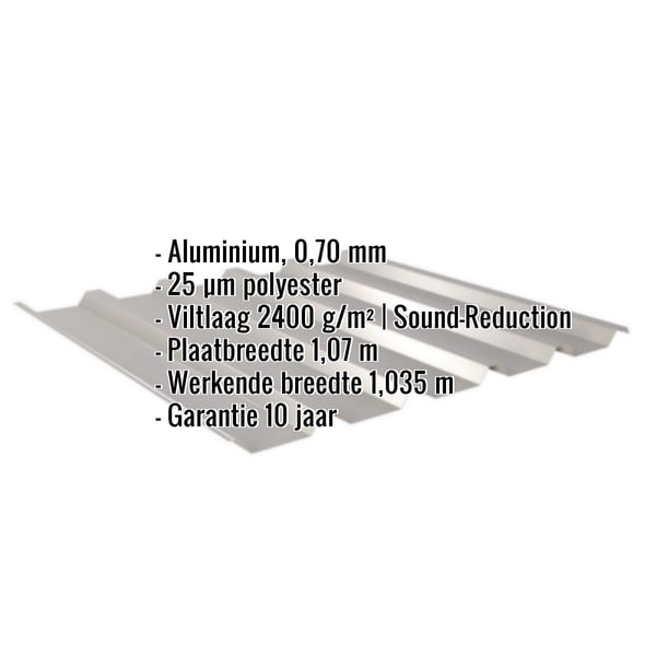 Damwandplaat 35/207 aluminium 0,70 mm RAL9007 met ingebouwde specificaties en garantie-informatie