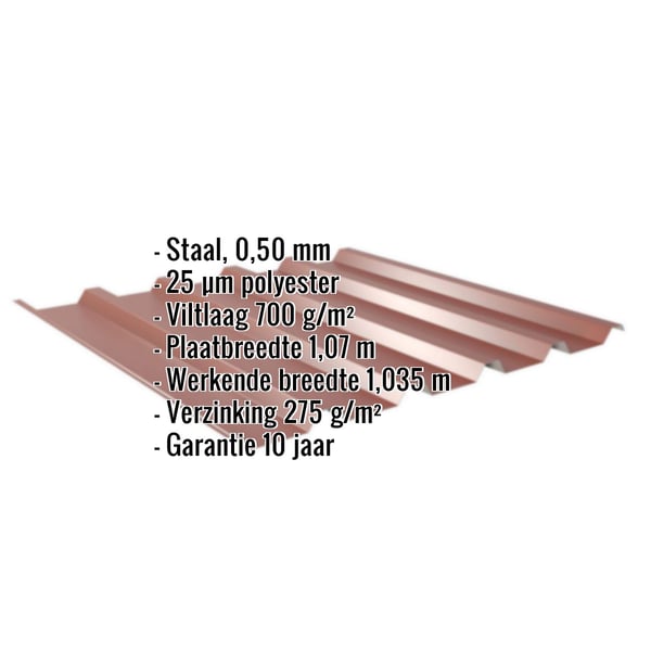 Damwandplaat 35/207 dak Roodbruin met ingebouwde specificaties voor materiaal, dikte en coating